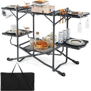 Goplus Camping Cooking Table, Outdoor Grill Table, Folding Camp Kitchen with Aluminum Tabletop, 4 Side Tables, Storage Rack, Portable Cook Station Prep Table for Outside Picnic BBQ RV Tailgate