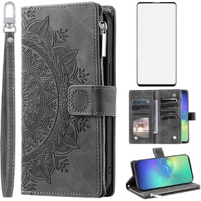 Asuwish Phone Case for Samsung Galaxy S10 Plus Wallet Cover with Tempered Glass Screen Protector and Wrist Strap Mandala Flower Flip Zipper Card Holder Cell S10+ S10plus 10S Edge S 10 10plus Blue