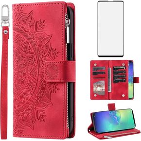 Asuwish Phone Case for Samsung Galaxy S10 Plus Wallet Cover with Tempered Glass Screen Protector and Wrist Strap Mandala Flower Flip Zipper Card Holder Cell S10+ S10plus 10S Edge S 10 10plus Blue in Saudi Arabia