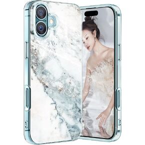 Marble Case for iPhone 16 5G, Soft Silicone Clear TPU Case for Women, for iPhone 16 Cute White Blue Marble Pattern Anti-Scratch Shockproof Protective Cover for iPhone 16 5G 6.1-inch (2024) (Blue)