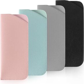 4 Packs Soft Eyeglass Cases Portable Pu Leather Glasses Pouch Squeeze Top Sunglass Case for Women Men(Pink, Blue, Grey, Black)