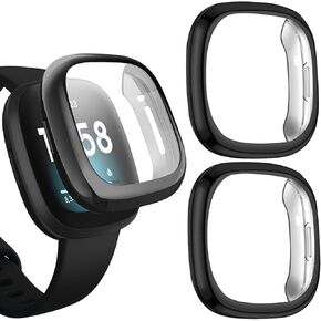 2 Pack TPU Case for Fitbit Versa 3 Screen Protector, Soft TPU Plated Bumper Full Around Electroplate Protective Cover Compatible with Fitbit Sense/Versa 3 Smartwatch (Black/Black)