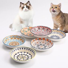 Cat Food Bowls for Indoor, Set of 6 Ceramic Cat Bowls, Whisker Fatigue Cat Bowls, Cat Dishes for Food and Water,​ Kitten Bowls, Cute Cat Bowls, Shallow Cat Plates for wet food, 5.5 Inches