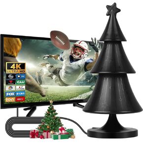 Christmas Tree Newest TV Antenna, 750+ Miles Long Range TV Antenna, Indoor Outdoor Digital TV Antenna - Supports 8K 4K 1080P, Amplified HD TV Antenna for Free Channel-32FT Coax Cable（ Black ）