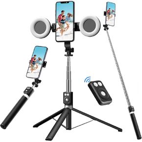 Selfie Stick Tripod with Fill Light, Phone Selfie Stick ，Durable Stainless Steel Design, Bluetooth Remote Control, and Stable Three-Legged Support for Live Broadcasts, Video Shooting (Pink)