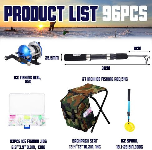 Hungdao Ice Fishing Rod and Reel Combo Ice Fishing Gear with Folding Backpack Chair Ice Fishing Pole Ice Scoop Ice Fishing Jigs Lures with Lures Box Ice Fishing Equipment Full Winter Ice Fishing Kit in Saudi Arabia