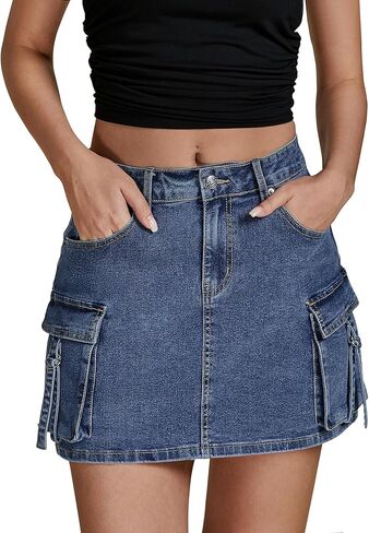 Luvamia جان التنانير للنساء الدنيم بسط البضائع عالية الخصر العصرية Y2K تنورة صغيرة مع جيوب فائدة in Kuwait