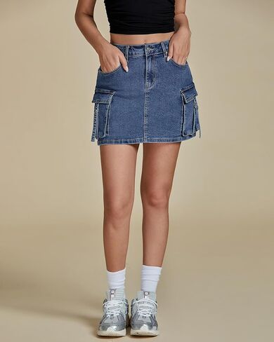 Luvamia جان التنانير للنساء الدنيم بسط البضائع عالية الخصر العصرية Y2K تنورة صغيرة مع جيوب فائدة in Kuwait