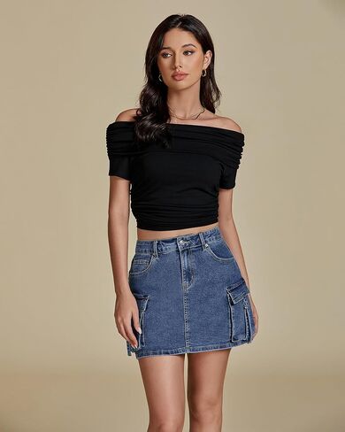 Luvamia جان التنانير للنساء الدنيم بسط البضائع عالية الخصر العصرية Y2K تنورة صغيرة مع جيوب فائدة in Kuwait