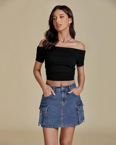 Luvamia جان التنانير للنساء الدنيم بسط البضائع عالية الخصر العصرية Y2K تنورة صغيرة مع جيوب فائدة in Kuwait