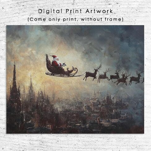 Vintage Christmas Tree Painting Print, Santa Claus Christmas Art Print, Antique Holiday Winter Wall Decor, Winter Xmas Vintage Wall Art, Holiday Decor (11 x 14 in Print Unframed, Santa Flying) in Kuwait