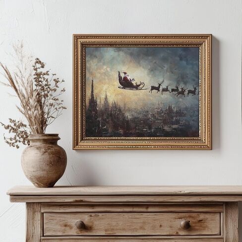 Vintage Christmas Tree Painting Print, Santa Claus Christmas Art Print, Antique Holiday Winter Wall Decor, Winter Xmas Vintage Wall Art, Holiday Decor (11 x 14 in Print Unframed, Santa Flying) in Kuwait