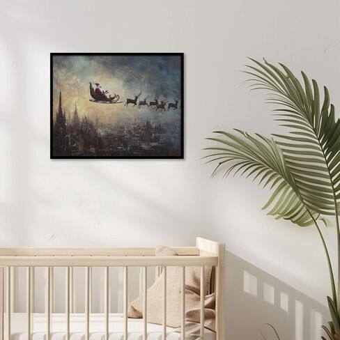 Vintage Christmas Tree Painting Print, Santa Claus Christmas Art Print, Antique Holiday Winter Wall Decor, Winter Xmas Vintage Wall Art, Holiday Decor (11 x 14 in Print Unframed, Santa Flying) in Kuwait