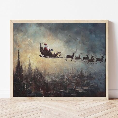 Vintage Christmas Tree Painting Print, Santa Claus Christmas Art Print, Antique Holiday Winter Wall Decor, Winter Xmas Vintage Wall Art, Holiday Decor (11 x 14 in Print Unframed, Santa Flying) in Kuwait