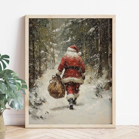 Vintage Christmas Tree Painting Print, Santa Claus Christmas Art Print, Antique Holiday Winter Wall Decor, Winter Xmas Vintage Wall Art, Holiday Decor (11 x 14 in Print Unframed, Santa Flying) in Kuwait