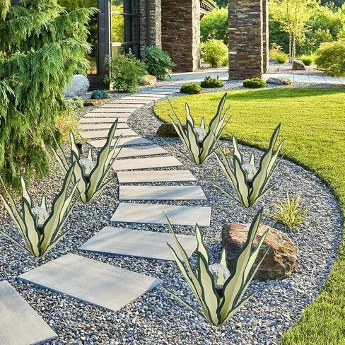 Metal Agave Plant Garden Art, 2 Pack Tequila Rustic Sculpture, Rustic Metal Agave Plants Garden Lawn Home Ornaments, for Yard Stakes, Garden Figurines, Outdoor Patio (2 PCS White Flowers) in Saudi Arabia