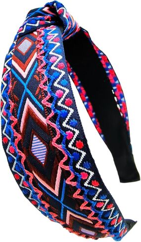 Boho Ethnic Wind Knotted Headbands Handmade Embroidered Blue Headbands Non-slip Elastic Vacation Headband for Women in Saudi Arabia