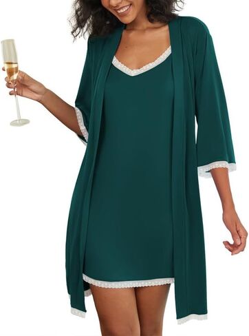 Ekouaer Women's Nightgown and Robe Set 3/4 Sleeves Robes 2 Piece Bathrobe Set V-neck Lace Cami Sleepwear with Pockets S-2XL in Saudi Arabia