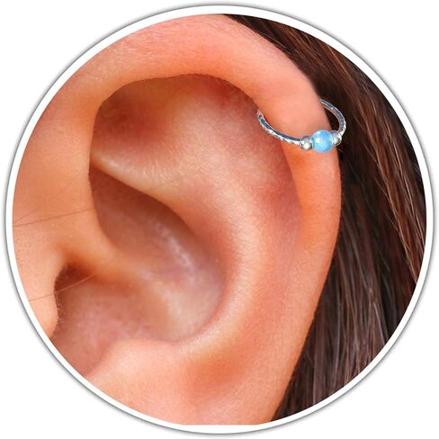 Silver Cartilage Earrings - Tiny 8mm And Thin 20 Guage Helix Rings - 3mm White Opal And 2mm Silver Beads – 925 Sterling Silver Helix Piercing Jewelry in Saudi Arabia