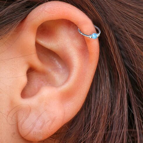 Silver Cartilage Earrings - Tiny 8mm And Thin 20 Guage Helix Rings - 3mm White Opal And 2mm Silver Beads – 925 Sterling Silver Helix Piercing Jewelry in Saudi Arabia