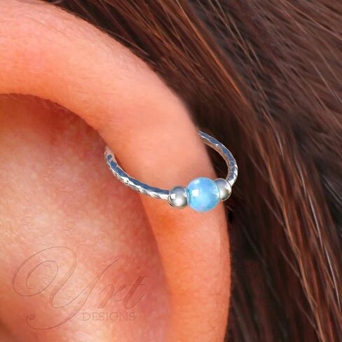 Silver Cartilage Earrings - Tiny 8mm And Thin 20 Guage Helix Rings - 3mm White Opal And 2mm Silver Beads – 925 Sterling Silver Helix Piercing Jewelry in Saudi Arabia