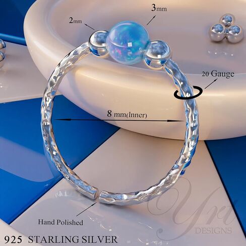 Silver Cartilage Earrings - Tiny 8mm And Thin 20 Guage Helix Rings - 3mm White Opal And 2mm Silver Beads – 925 Sterling Silver Helix Piercing Jewelry in Saudi Arabia