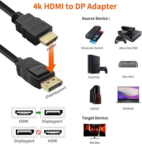BolAAzuL HDMI to DisplayPort Cable 4K@60Hz Black, Unidirectional HDMI Source to Display Port Monitor Cable USB Powered, HDMI Male Input to DP Male Output Converter Adapter Cord for PS5, PS4 Pro in Kuwait