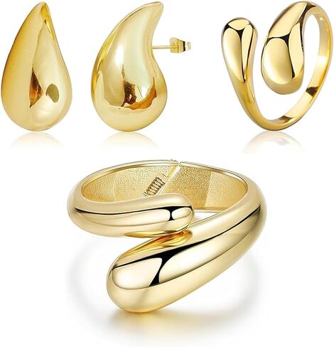 Gold Bangle Bracelets for Women Wide Cuff Bracelets Rings Set Gold Bangles Bracelets for Women Gold Polished Bangle Bracelets Chunky Gold Jewelry Stocking Stuffers Christmas Gifts in Saudi Arabia