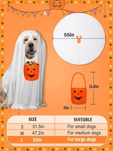زي شبح الكلب للهالوين - قماش للحيوانات الأليفة قابل للتمدد للغاية مع دلو حلوى اليقطين للكلاب المتوسطة الحجم لحفلات الهالوين التنكرية in Kuwait