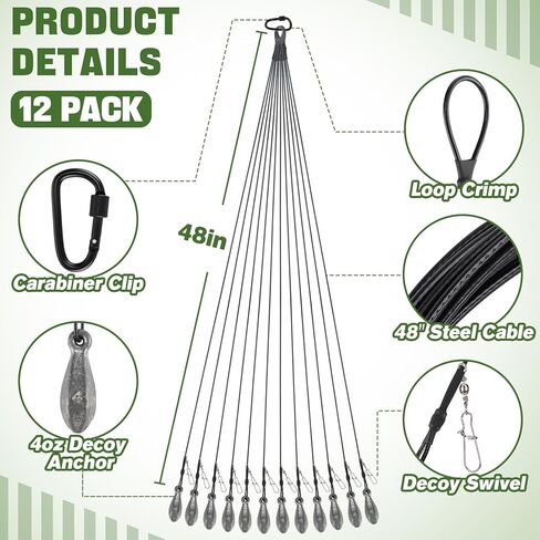 48in 4oz/6oz Duck Decoys Weights - Anti-Tangle Steel Cable Texas-Rig Waterfowl Hunting Gear Anchor Rigging Line Accessories - 12 Pack in Kuwait