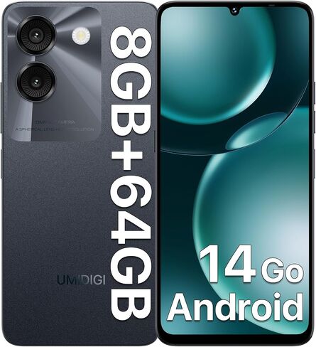 هاتف UMIDIGI G9A الخلوي، هاتف Android 14 Go غير مقفل، 8 جيجابايت + 64 جيجابايت/TF 1 تيرابايت، ثماني النواة، بطاقة SIM مزدوجة 4G، مقبس سماعة رأس 3.5 ملم، 6.75 بوصة HD + شاشة AI Face فتح هاتف Android، 5000 مللي أمبير، نظام تحديد المواقع (أسود) in Saudi Arabia