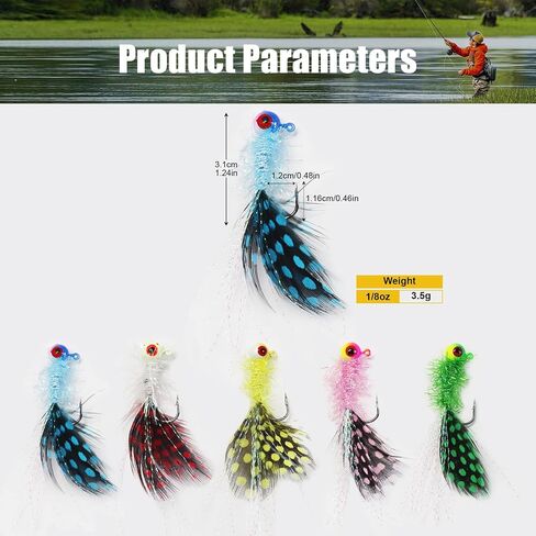 Crappie Jig Heads Kit, Lifelike Eyes Marabou Hair Jigs with Coloured Spotted Feather and Sharp Hooks for Panfish Crappie Walleye Striper Fishing 1/8 1/14 1/28 oz in Kuwait
