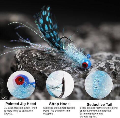 Crappie Jig Heads Kit, Lifelike Eyes Marabou Hair Jigs with Coloured Spotted Feather and Sharp Hooks for Panfish Crappie Walleye Striper Fishing 1/8 1/14 1/28 oz in Kuwait