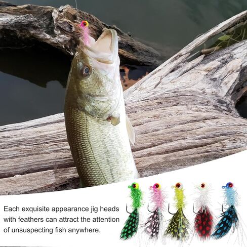 Crappie Jig Heads Kit, Lifelike Eyes Marabou Hair Jigs with Coloured Spotted Feather and Sharp Hooks for Panfish Crappie Walleye Striper Fishing 1/8 1/14 1/28 oz in Kuwait