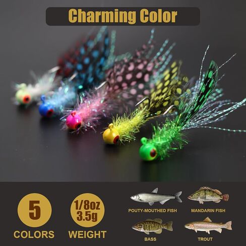 Crappie Jig Heads Kit, Lifelike Eyes Marabou Hair Jigs with Coloured Spotted Feather and Sharp Hooks for Panfish Crappie Walleye Striper Fishing 1/8 1/14 1/28 oz in Kuwait