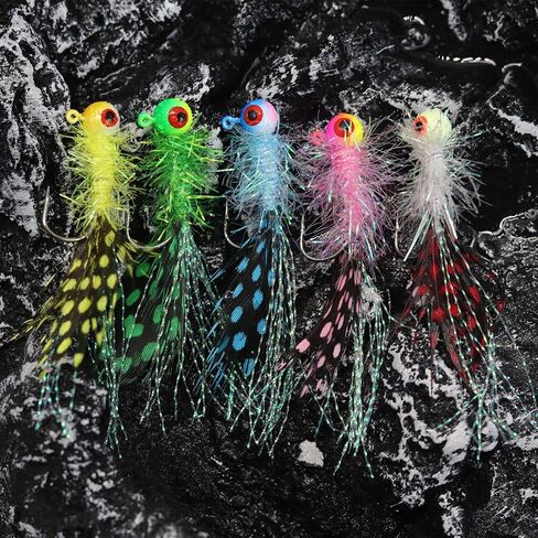 Crappie Jig Heads Kit, Lifelike Eyes Marabou Hair Jigs with Coloured Spotted Feather and Sharp Hooks for Panfish Crappie Walleye Striper Fishing 1/8 1/14 1/28 oz in Kuwait