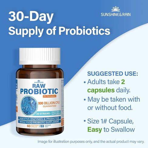 Raw Probiotics for Women & Men - 100 Billion CFU, 35 Strains, Organic Prebiotics & Natural Digestive Enzymes for Digestive, Gut & Immune Health - Dairy, Soy and Gluten Free, Non-GMO, 60 Vegan Capsules in Saudi Arabia