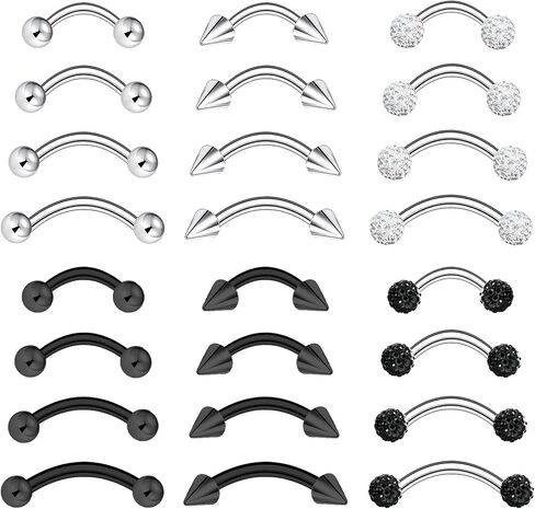 10-24Pcs Eyebrow Piercing Jewelry Ear Rook Piercing Eyebrow Ring Surgical Steel Curved Barbell Vertical Labret Lip Jewelry Snug Daith Tragus Piercing Jewelry Black Silver in Saudi Arabia