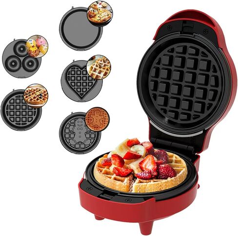5-in-1 Mini Waffle Maker for Kids Mini Donut Maker Machine, 600W Nonstick Mini Pancake Maker Mini Waffles Maker with Removable Plates,Mini Doughnut Maker for Breakfast, Snacks, Desserts, Red in Saudi Arabia