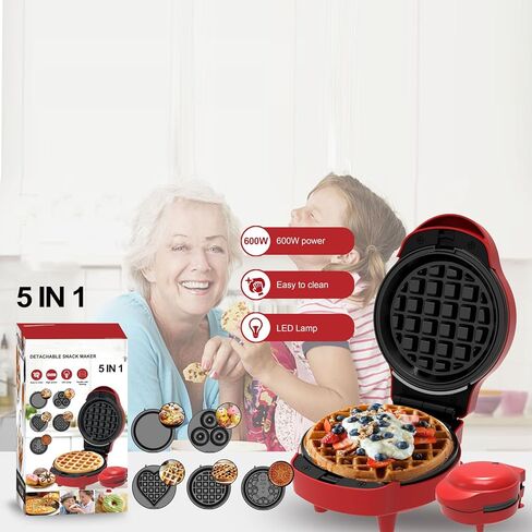 5-in-1 Mini Waffle Maker for Kids Mini Donut Maker Machine, 600W Nonstick Mini Pancake Maker Mini Waffles Maker with Removable Plates,Mini Doughnut Maker for Breakfast, Snacks, Desserts, Red in Saudi Arabia