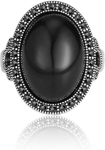 Black Rings for Women Vintage - Black Onyx Ring Gothic Cross - Silver Statement Rings Antique Stone Marcasite Cocktail Jewelry Retro Cross Size 8 in Saudi Arabia