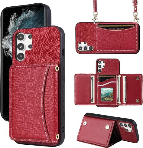Phone Case for Samsung Galaxy S23 Ultra 5G Wallet Cover with Crossbody Shoulder Strap and Leather Credit Card Holder Pocket Slim Stand Cell S23Ultra 23S S 23 23Ultra 6.8 inch Girls Men Red in Saudi Arabia