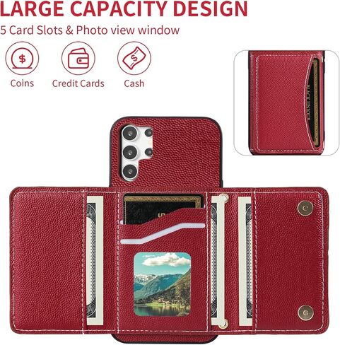 Phone Case for Samsung Galaxy S23 Ultra 5G Wallet Cover with Crossbody Shoulder Strap and Leather Credit Card Holder Pocket Slim Stand Cell S23Ultra 23S S 23 23Ultra 6.8 inch Girls Men Red in Saudi Arabia