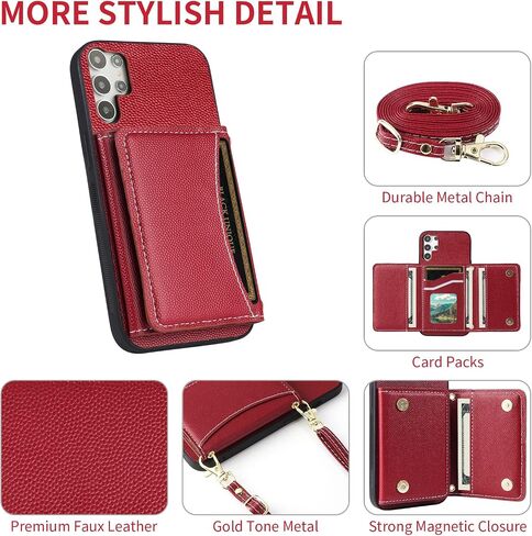 Phone Case for Samsung Galaxy S23 Ultra 5G Wallet Cover with Crossbody Shoulder Strap and Leather Credit Card Holder Pocket Slim Stand Cell S23Ultra 23S S 23 23Ultra 6.8 inch Girls Men Red in Saudi Arabia