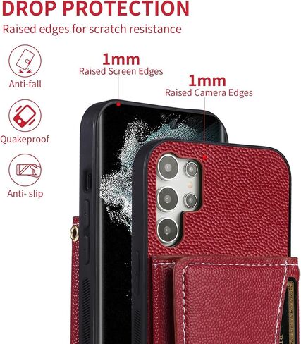 Phone Case for Samsung Galaxy S23 Ultra 5G Wallet Cover with Crossbody Shoulder Strap and Leather Credit Card Holder Pocket Slim Stand Cell S23Ultra 23S S 23 23Ultra 6.8 inch Girls Men Red in Saudi Arabia
