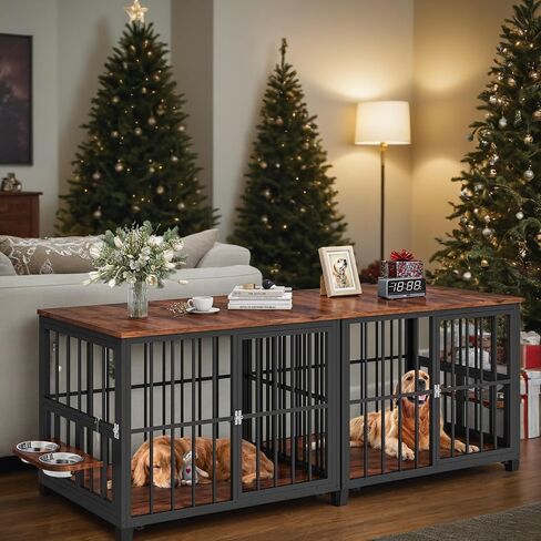 YITAHOME 88.6" Large Corner Dog Crate Furniture for 2 Dogs, Heavy Duty Wooden Dog Kennel with Dog Bowls & Cushion & 3 Doors, Large Double Dog Crate Furniture TV Stand for Medium Large Dog, Brown in Saudi Arabia