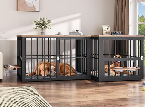 YITAHOME 88.6" Large Corner Dog Crate Furniture for 2 Dogs, Heavy Duty Wooden Dog Kennel with Dog Bowls & Cushion & 3 Doors, Large Double Dog Crate Furniture TV Stand for Medium Large Dog, Brown in Saudi Arabia