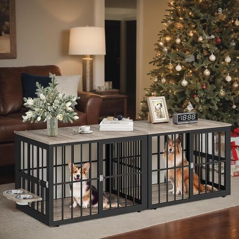 YITAHOME 88.6" Large Corner Dog Crate Furniture for 2 Dogs, Heavy Duty Wooden Dog Kennel with Dog Bowls & Cushion & 3 Doors, Large Double Dog Crate Furniture TV Stand for Medium Large Dog, Brown in Saudi Arabia