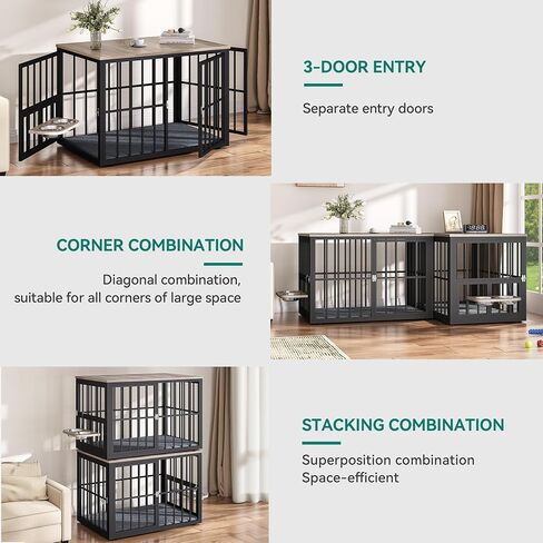 YITAHOME 88.6" Large Corner Dog Crate Furniture for 2 Dogs, Heavy Duty Wooden Dog Kennel with Dog Bowls & Cushion & 3 Doors, Large Double Dog Crate Furniture TV Stand for Medium Large Dog, Brown in Saudi Arabia