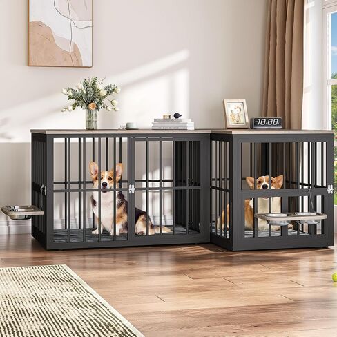YITAHOME 88.6" Large Corner Dog Crate Furniture for 2 Dogs, Heavy Duty Wooden Dog Kennel with Dog Bowls & Cushion & 3 Doors, Large Double Dog Crate Furniture TV Stand for Medium Large Dog, Brown in Saudi Arabia